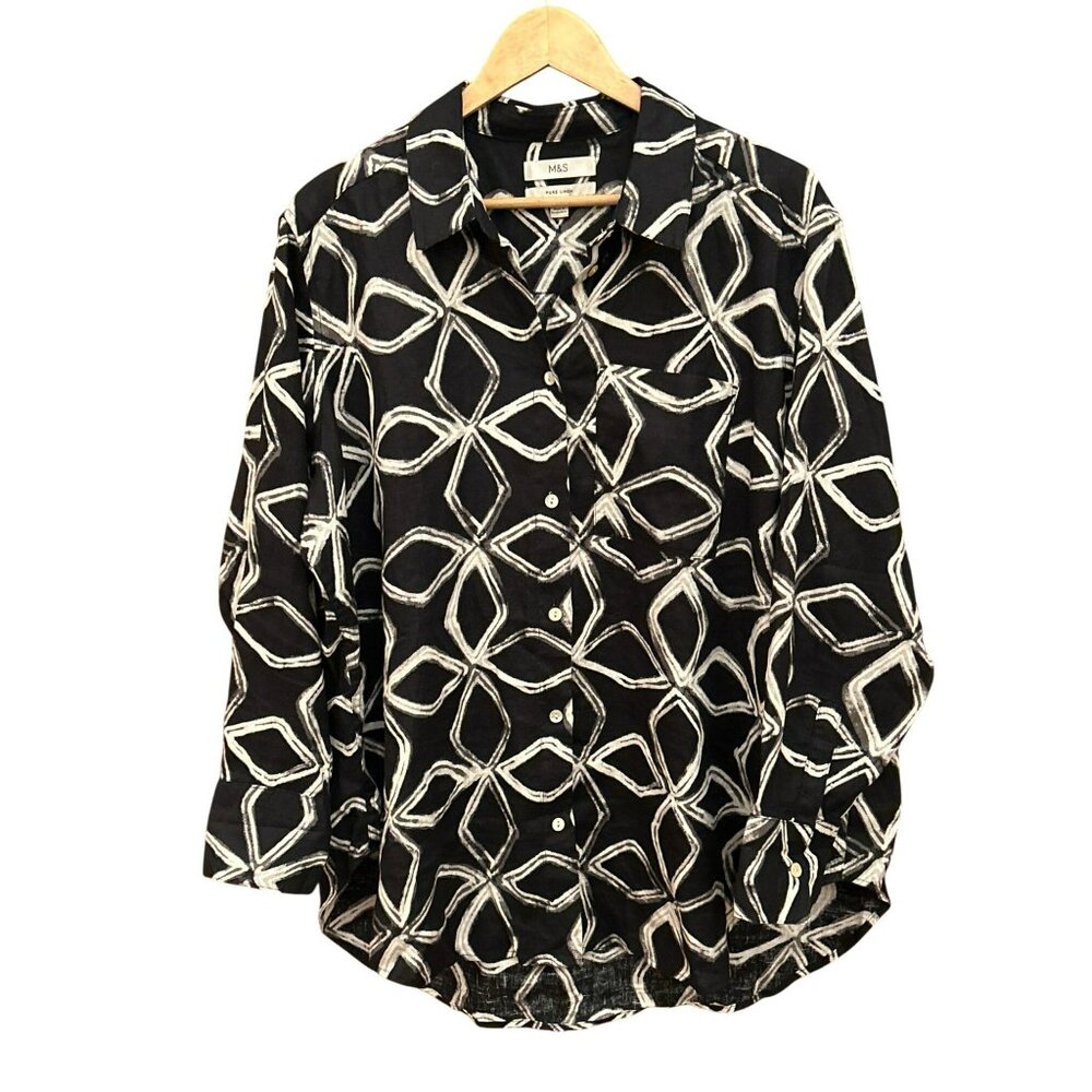 Mark and Spencer Black White Linen Long Sleeve Blouse Sz US 12 Geometric Casual